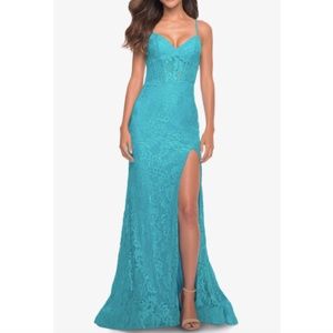 La Femme Strappy Back Lace Gown Aqua, Long Prom Dress, Formal Attire